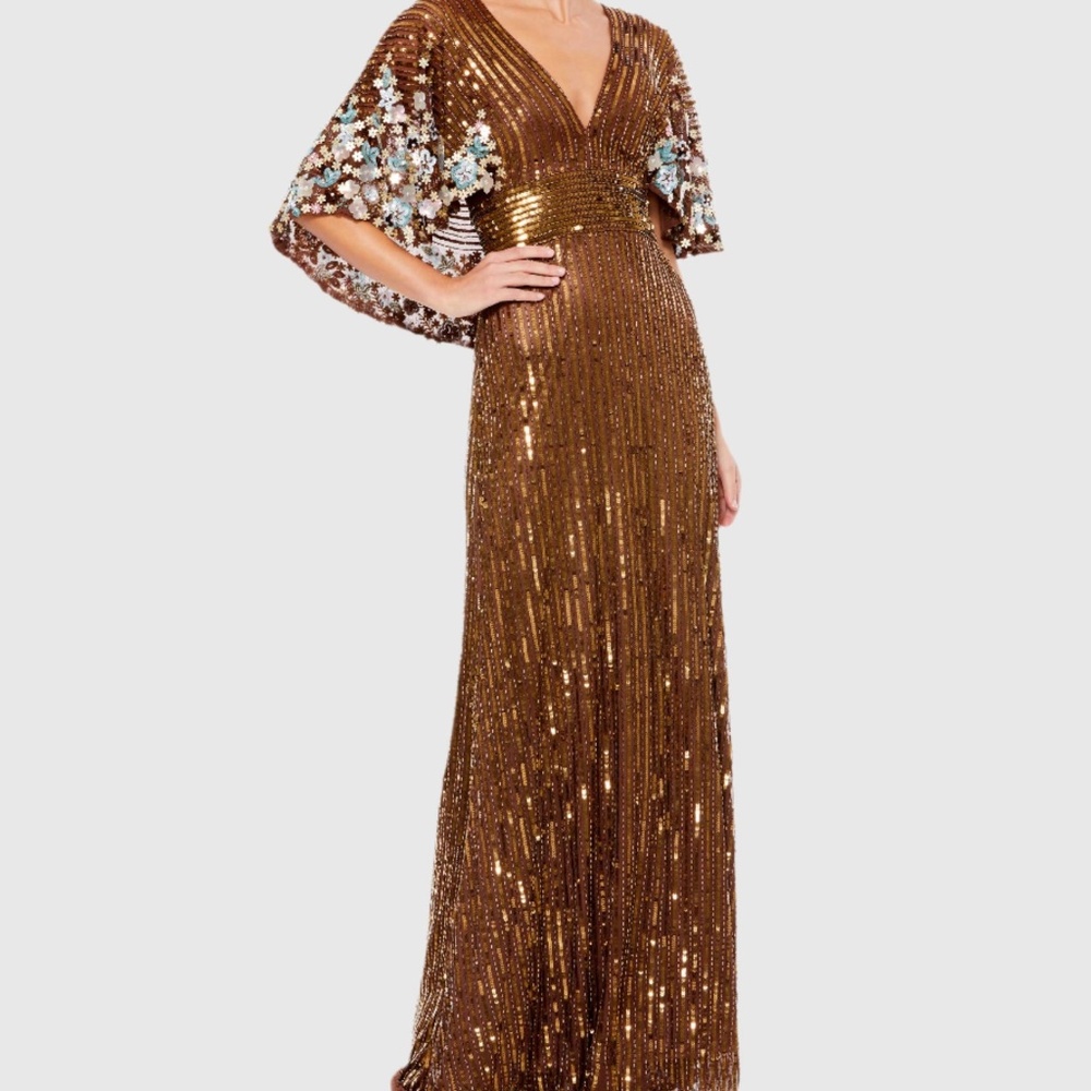 Mac Duggal Sequined V Neck Floral Embellished Cape Sleeve Gown